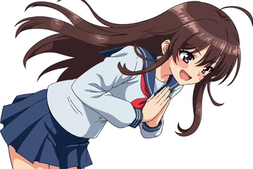 Pixel Art Anime Girl School Uniform Bowing Welcoming Gesture White Background