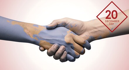 Hands shaking with world map overlay representing global partnership and December 20th date handshake