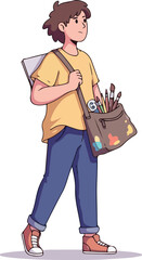 Pixel Art Artist Carrying Art Supplies and Canvas on White Background