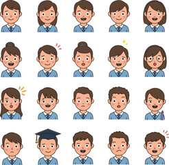 Pixel Art Avatars of Diverse People in Blue Uniforms Showing Various Emotions