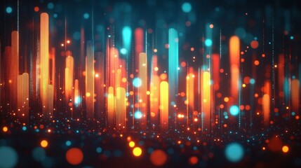 Glowing vertical light pillars and floating bokeh dots in warm orange and cool teal creating a vibrant, energetic, futuristic atmosphere