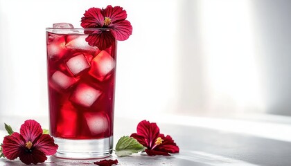 Tall glass of vibrant red iced drink with large ice cubes, bright red hibiscus flowers and green leaves on a minimalist white surface, evoking refreshing summer elegance