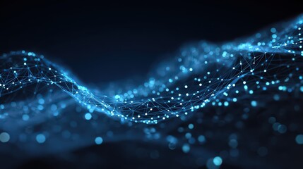 Blue Abstract Wavy Network with Connected Dots on Dark Background Technological Connection Network Big Data Visualization Structure Glowing Artificial Intelligence
