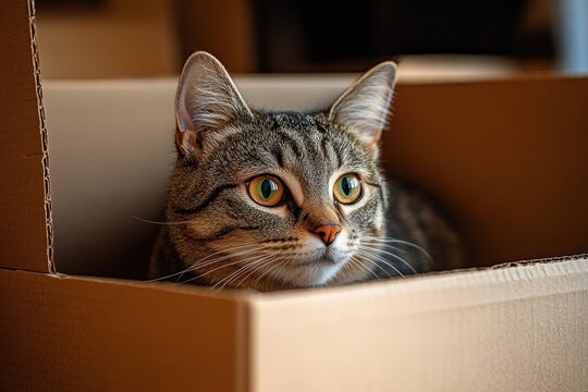 alert tabby cat with bright green eyes peering out of a cardboard box in warm indoor light, curious and cozy - Powered by Adobe