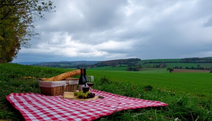 Outdoor picnic with wine, cheese, and bread on a checkered blanket in a scenic landscape under a cloudy sky