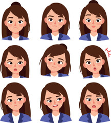 Pixel Art Business Woman With Multiple Emotions Flat Design Style Blue Jacket White Shirt