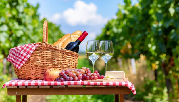 Idyllic countryside picnic scene with red and white wine, fresh bread, and fruit in a sunny vineyard