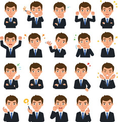Pixel Art Businessman Diverse Emotions Flat Design Icon Set