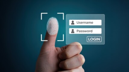 Human finger interacts with digital interface featuring biometric authentication and account access fields