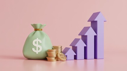 Financial growth is illustrated with a money bag, stacked coins, and ascending arrow-shaped bar graph elements
