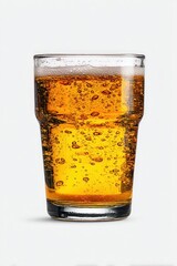 Close Up of Beer in a Pint Glass Against a White Background Bubbles Rising Inside Glass