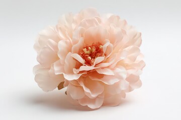 Close Up Photograph of a Single Peach Colored Artificial Flower on White Background with Glitter Accents