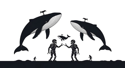Surreal encounter between giant robots and flying whales.