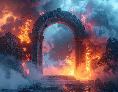 Dramatic arched portal with fiery clouds and a glowing passage
