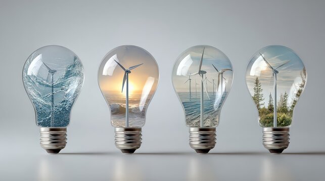 Four Light Bulbs Displaying Wind Turbine Imagery Against Gray Background Representing Renewable Energy