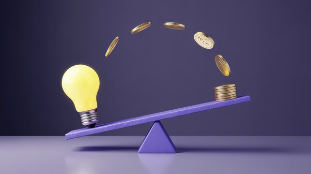 Illuminated concept outweighs accumulated currency on a balance beam