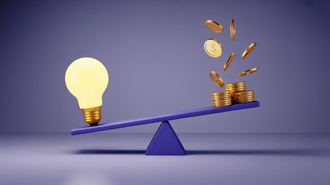 Illuminated idea outweighs significant piles of golden currency on a balancing scale