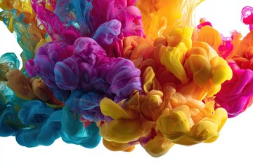 Colorful Abstract Ink Swirl Explosion with Vibrant Pink Orange Yellow Cyan Hues on White Backdrop Creates Mesmerizing Artistic Visual Impact for Creative Design