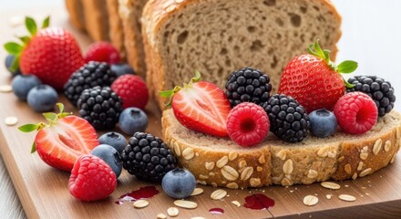 A slice of bread topped with fresh berries and a slice of bread with berries on a wooden cutting board.