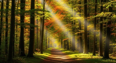 Sunlight beams piercing through the dense canopy of a vibrant autumn forest, illuminating a rustic dirt path winding through tall tree trunks in a magical woodland scene