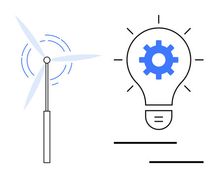 Wind turbine generating energy alongside a light bulb featuring a gear, representing innovation, renewable energy, sustainability, clean power, technology, green solutions, and ecological progress