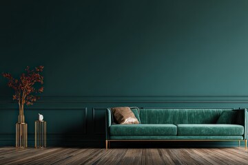 Dark Teal Living Room With Velvet Sofa And Decorative Accents