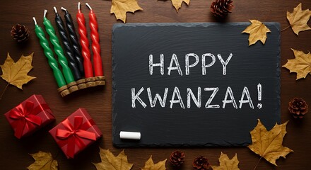 Kwanzaa celebration setup with kinara candles, gifts, and autumn leaves on a chalkboard holiday