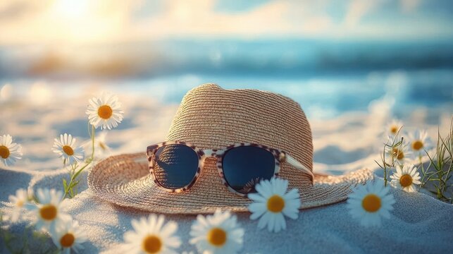 straw sun hat with sunglasses resting on soft sand amid daisies on a sunlit beach, serene summery relaxation and peaceful seaside glow - Powered by Adobe