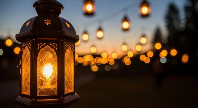 A glowing lantern with hanging lights against a twilight sky.