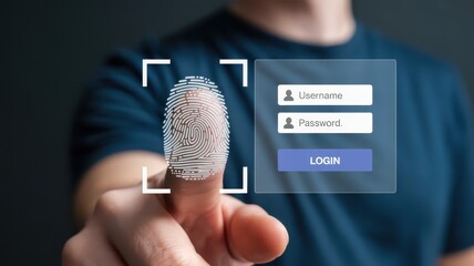 Person authenticates digital access using biometric identification on a futuristic interface