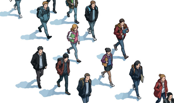 Pixelated Crowd Walking with Backpacks on White Background Top View