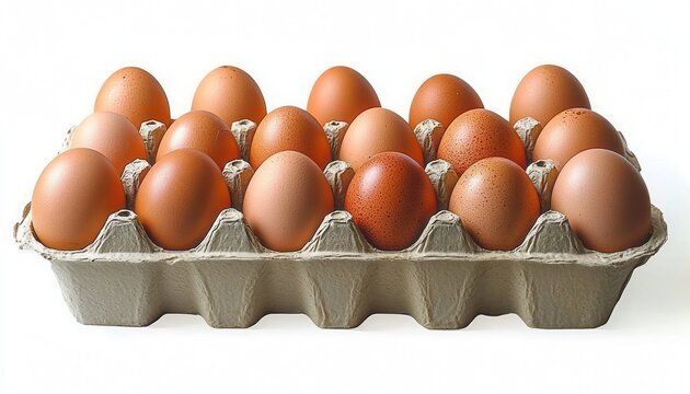 neat carton of eighteen brown eggs in a pulp tray on a white background conveying fresh wholesome minimalist calm - Powered by Adobe