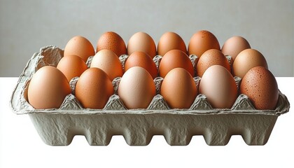Recycled paper carton holding eighteen assorted brown and speckled eggs neatly arranged on a neutral background, evoking calm natural simplicity