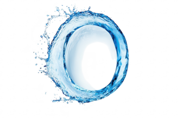 A captivating circular splash of clear blue water creating a dynamic ring shape against a pristine white background. symbolizing fluidity and creativity. ideal for design and advertising use