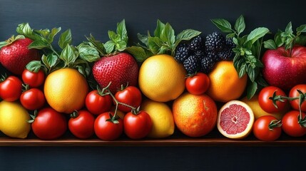 row of strawberries, vine tomatoes, oranges, lemons, blackberries, a sliced grapefruit and a red apple with leafy greens on a wooden tray, vibrant fresh abundant mood
