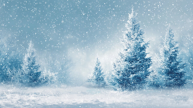 Winter snow landscape with frosted pine trees in peaceful forest blizzard background