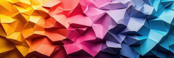colorful folded paper geometric low poly surface with vibrant gradient from yellow to blue, dynamic angular facets evoking energy and creativity