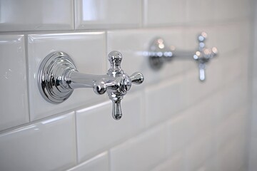 Close-up of three polished chrome cross-shaped wall hooks mounted on white subway tiles in a clean minimalist bathroom, calm and elegant atmosphere