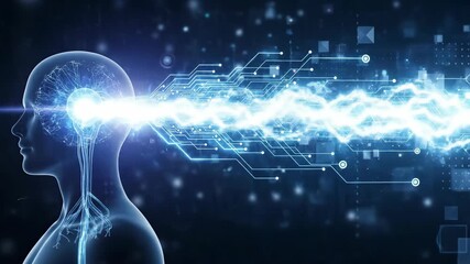 Futuristic humanmachine interaction with digital brainwave transmission in hightech interface display - Powered by Adobe