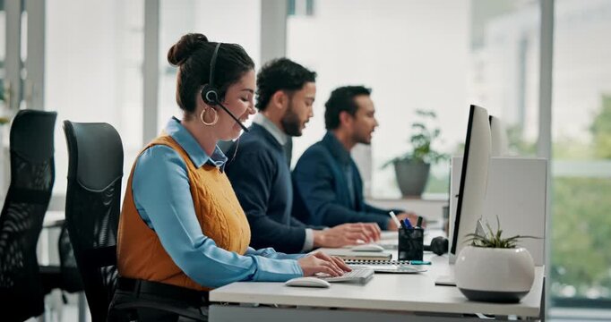 Headset, woman or typing on computer in call center for online help, customer service or assistance. Coworking, agent or consulting with tech for order processing, account management or inbound query