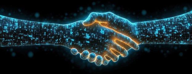 futuristic glowing blue and orange digital handshake between two data-formed hands on a dark background conveying trust and collaboration