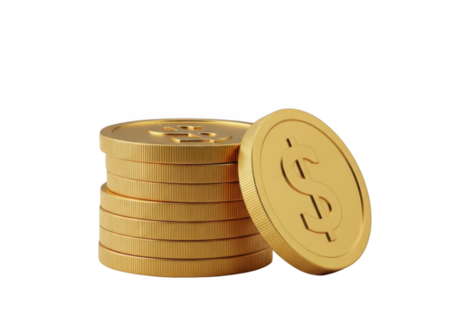 Stack of gold coins with dollar sign isolated on transparent background