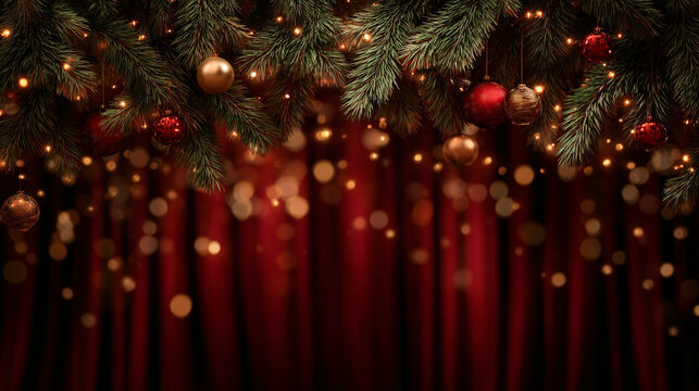 Christmas fir branches with red curtains and golden bokeh festive holiday background
