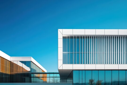 Minimalist modern office complex with white cantilevered glass volumes, vertical louvers and reflective curtain walls linked by a glass bridge under a clear blue sky, calm and sleek