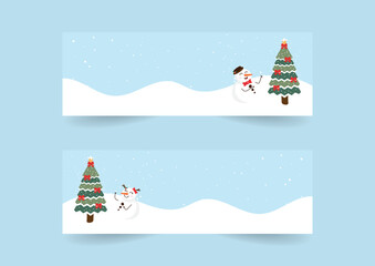 set of christmas tree and snowman banner vector design