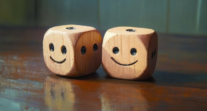 two carved wooden dice with smiling faces on a polished wooden table, warm reflective light and a playful cheerful mood