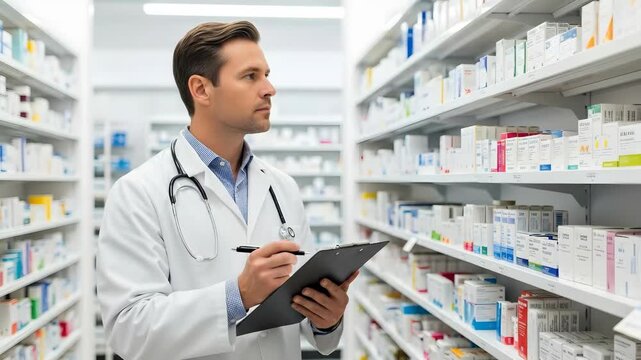 Pharmacist evaluating medication inventory in a modern pharmacy setting with efficiency and precision