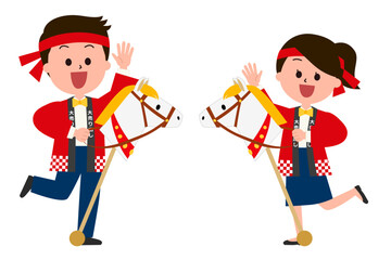 春駒を持つ元気な販売スタッフ