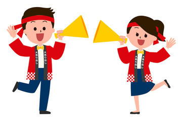 メガホンで呼び込む販売スタッフ