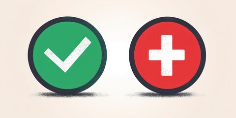 Obraz premium Two round icons side by side: a green button with a white check mark and a red button with a white cross on a soft beige background, conveying decisive contrast and clarity